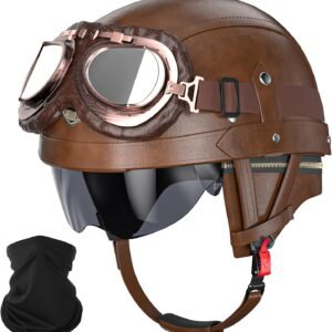 Helmet Leather Vintage Motorcycle Half Helmet Approved Retro Motorcycle Helmets with Goggles and Visor, Removable Lining/Earmuffs, for Bicycle Cruiser Scooter , for Adults Men Women