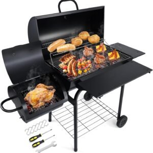 Charcoal Grill Offset Smoker, Heavy Duty Portable Barbecue Grill with 780 SQ.IN. Cooking Grilling Area, BBQ Barrel Grills with Wheels for Outdoor Patio, Side Table & Adjustable Carbon Pan