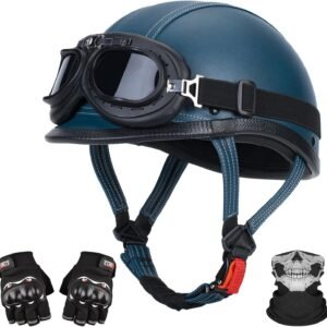 Handmade Leather Motorcycle Helmet Retro Half Face Helmet for Adults Men & Women, Lightweight Open Face 1/2 Vintage Helmets for Moped Cruiser Scooter