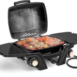 Gas Grill Portable Propane Grill, Tabletop Grill Propane,   Outdoor BBQ Grill Camping Grill with Two Burners, Removable Side Tables, Built in Thermometer, Black